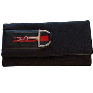 Gucci GG Canvas Horsebit Continental Wallet Black W/ Web Stripe Silver Hardware